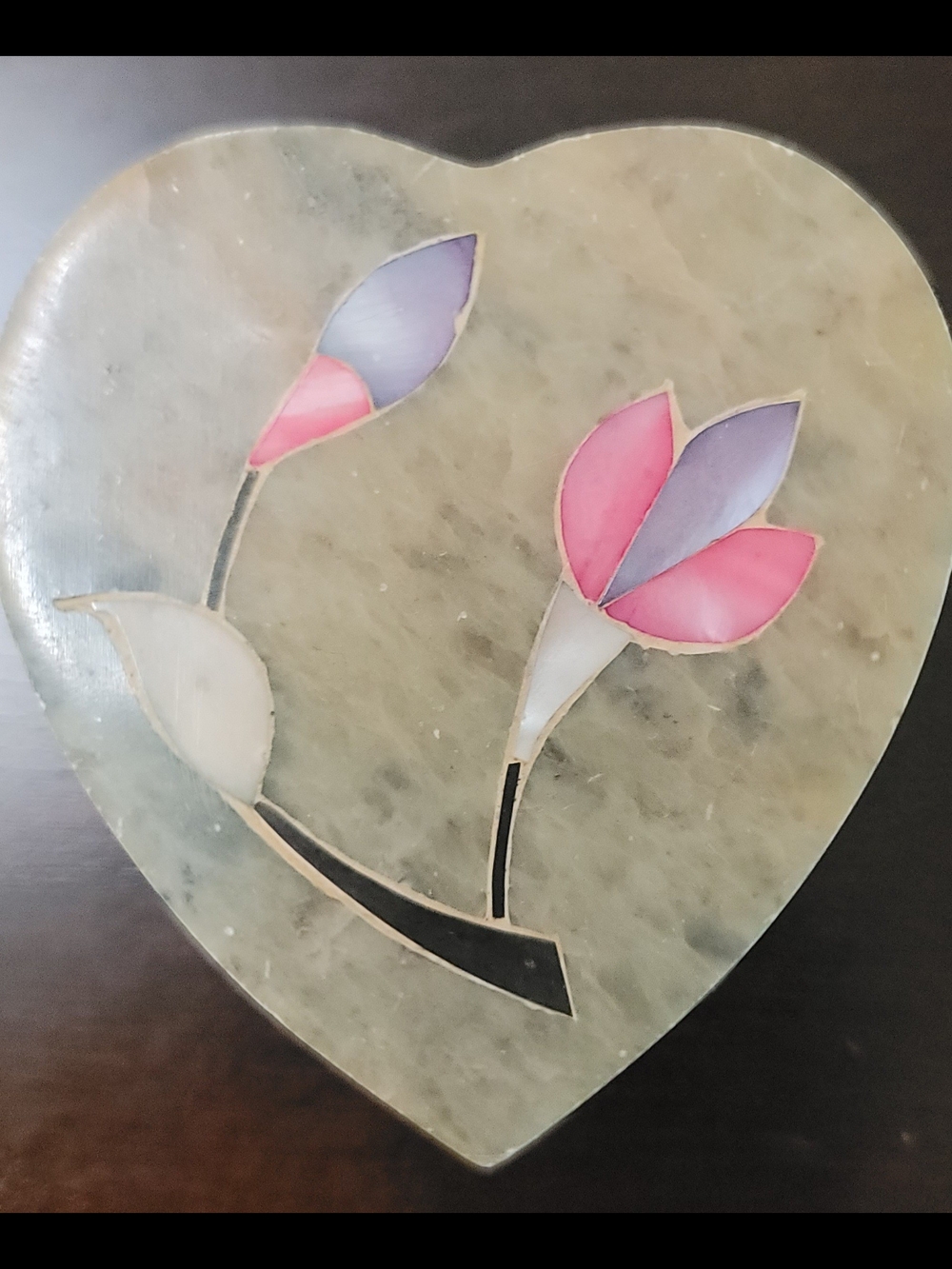 Vintage Stone Heart-Shaped Floral Mixed Trinket Box- Pink & Purple